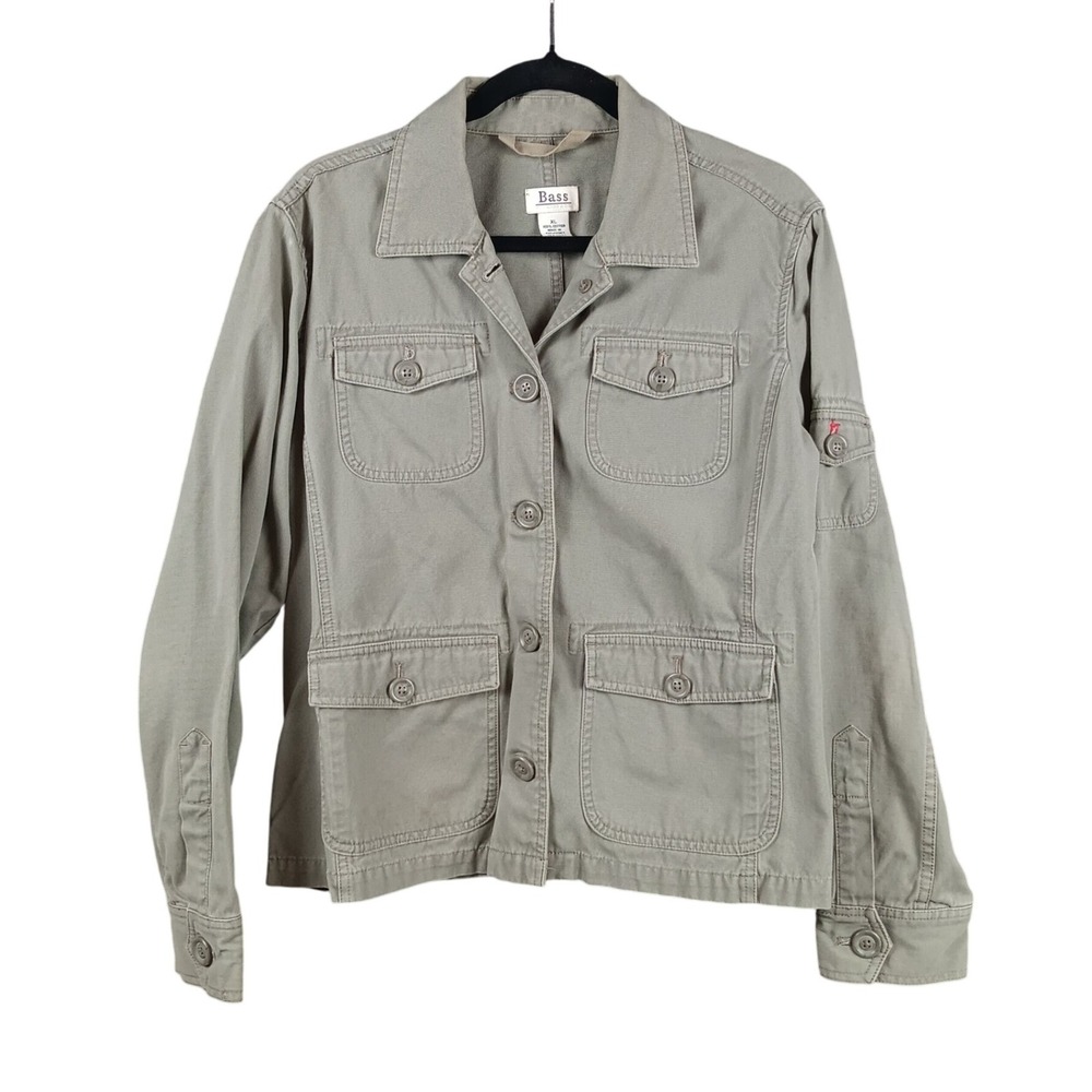 Bass Field Jacket Womens XL Olive‎ Green Button Front Pockets Utility Coat